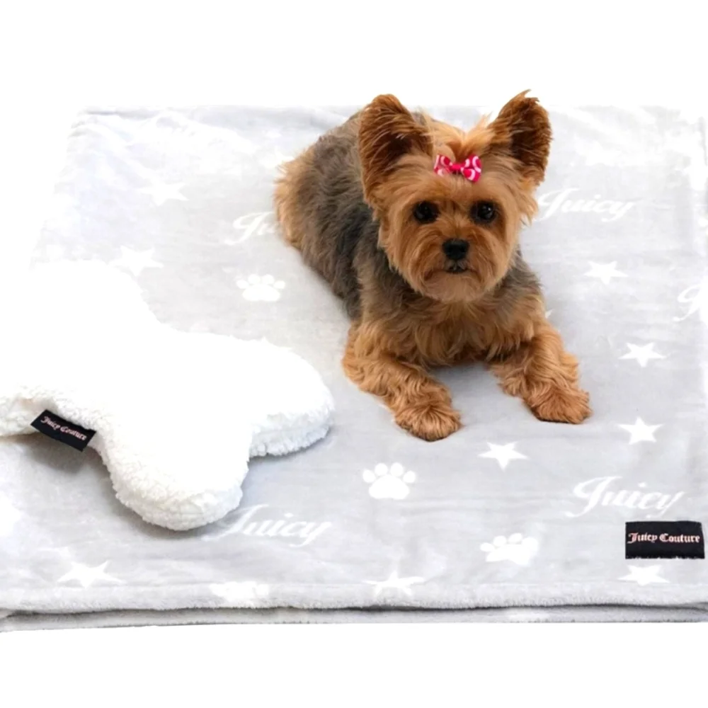 #2493 Juicy Couture Turquoise Blue Dog Blanket Sherpa Bone Shaped Pillow